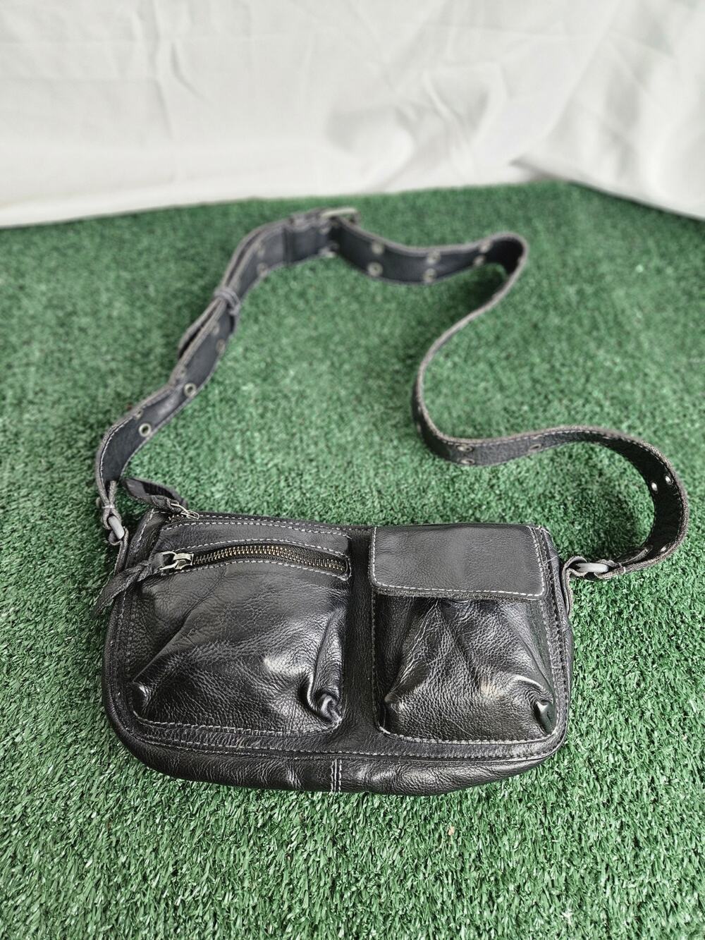 Free People Wade Leather Sling Bag Black Glossy Pockets Adjustable Belt Strap